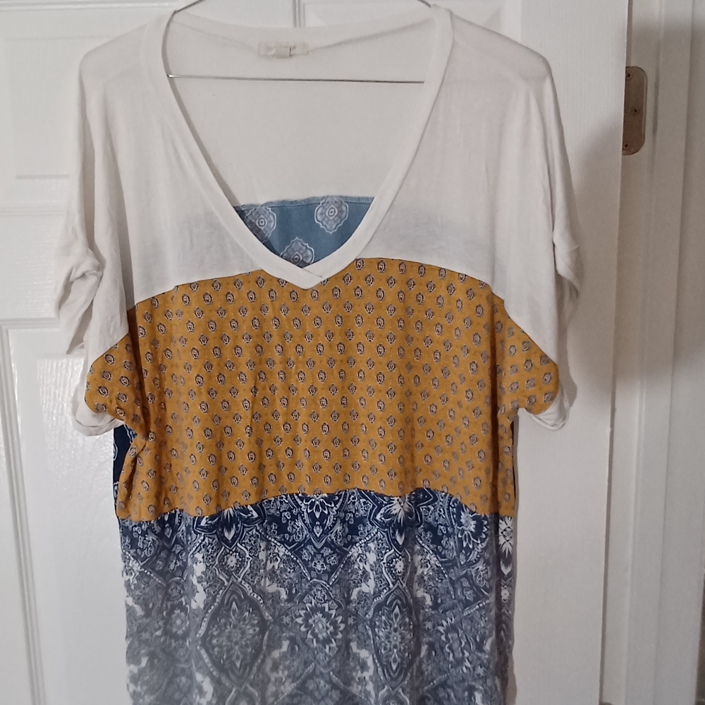 Loralette White and Yellow Patchwork V-Neck Tee